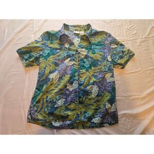 Erika Floral Embroidered Short Sleeve Button Up Shirt Top - Blue Green
